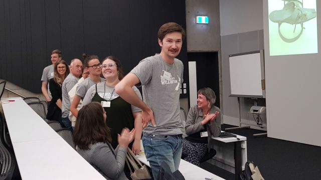 NZHA postgraduate team – The postgraduate team that supported the conference. From front to back: Josh King, Ailish Wallace-Buckland, Maggie Blackburn, Will Hansen, Dean Broughton, Libby Bowyer and Liam Barnsdale. Keynote speaker Kate Hill sits just to the right.