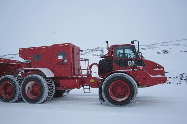 The McMurdo people mover. This enormous vehicle is used to transport passengers from McMurdo Station and Scott Base to and from the airfield c. Huw Horgan 2011-2012