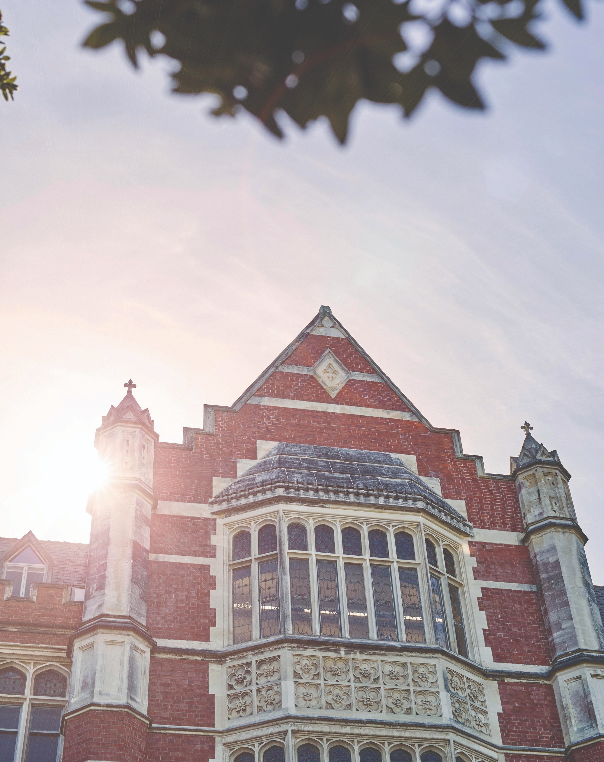 The Hunter building with the sun coming from behind with a foreground of leaves. 
