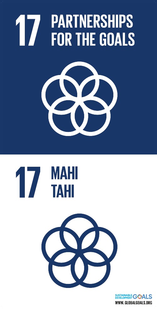 A navy blue and white graphic logo of five interlinked circles for the UN SDG 17: partnerships for the goals - in both English and te reo Maori