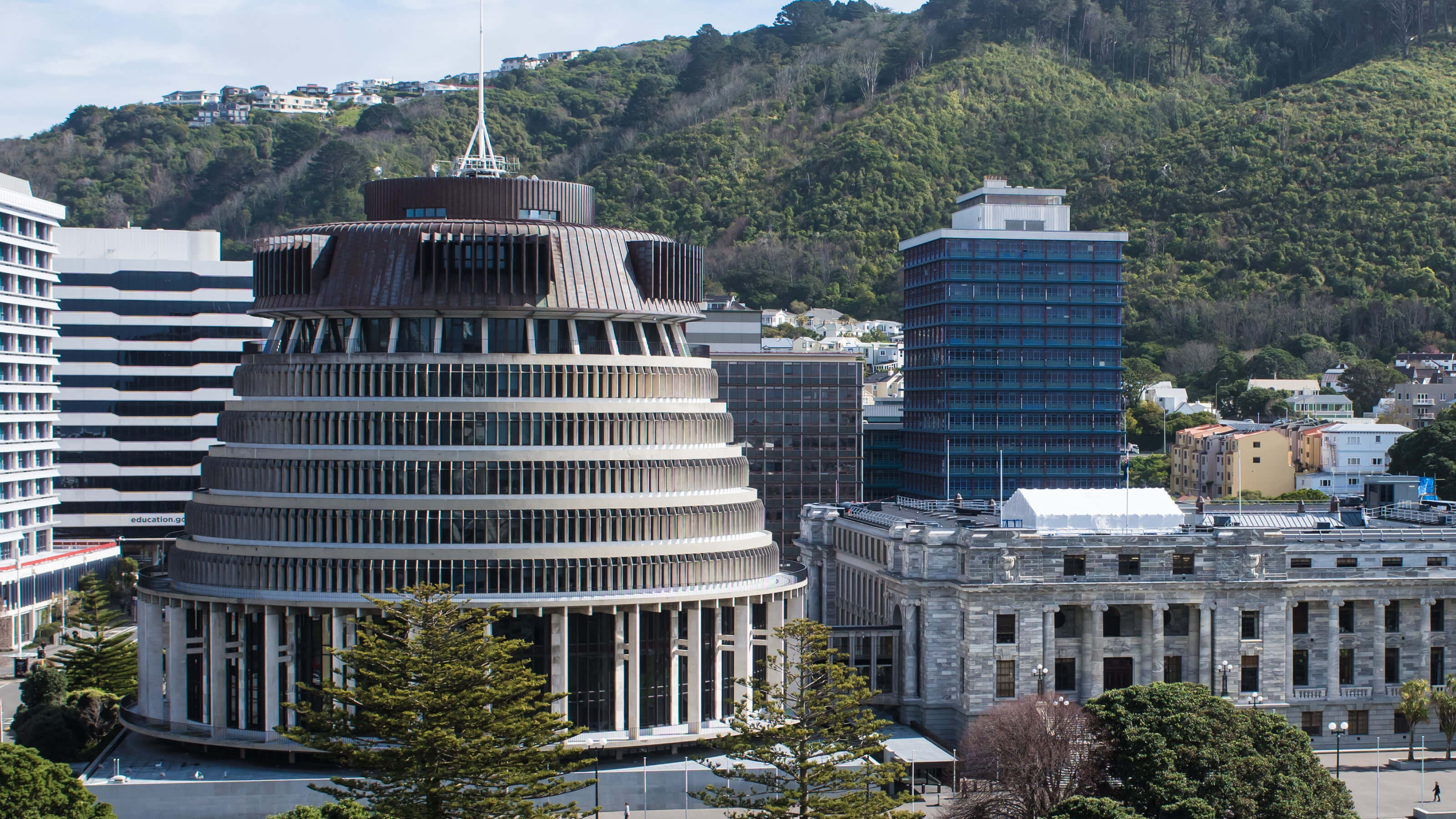 An image of the parliament buildings in Wellington, New Zealand.
