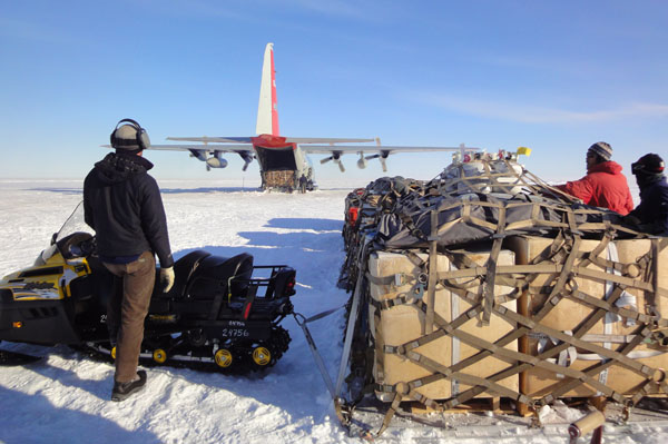 A C-130 Hercules arrives in Antarctica
