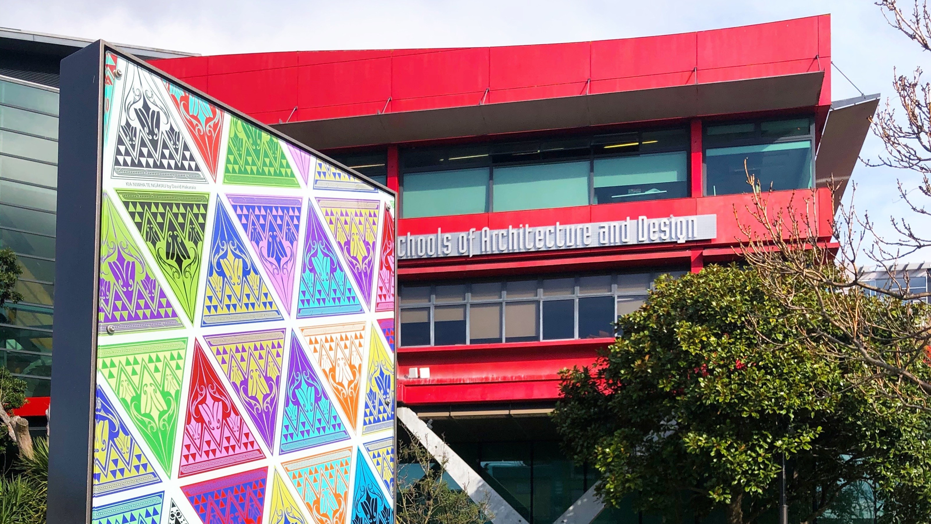 One of the colourful designs, in Cobblestone Park, in front of the Wellington Faculty of Architecture and Design Innovation