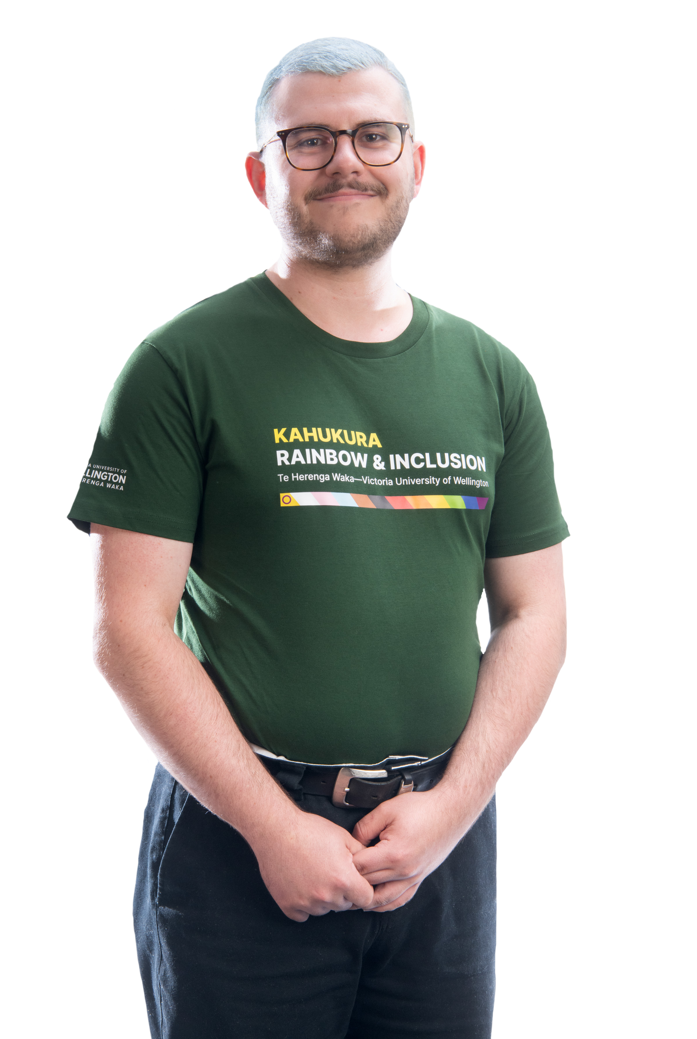 Sterling Jones in a Rainbow and Inclusion Te Herenga Waka t-shirt