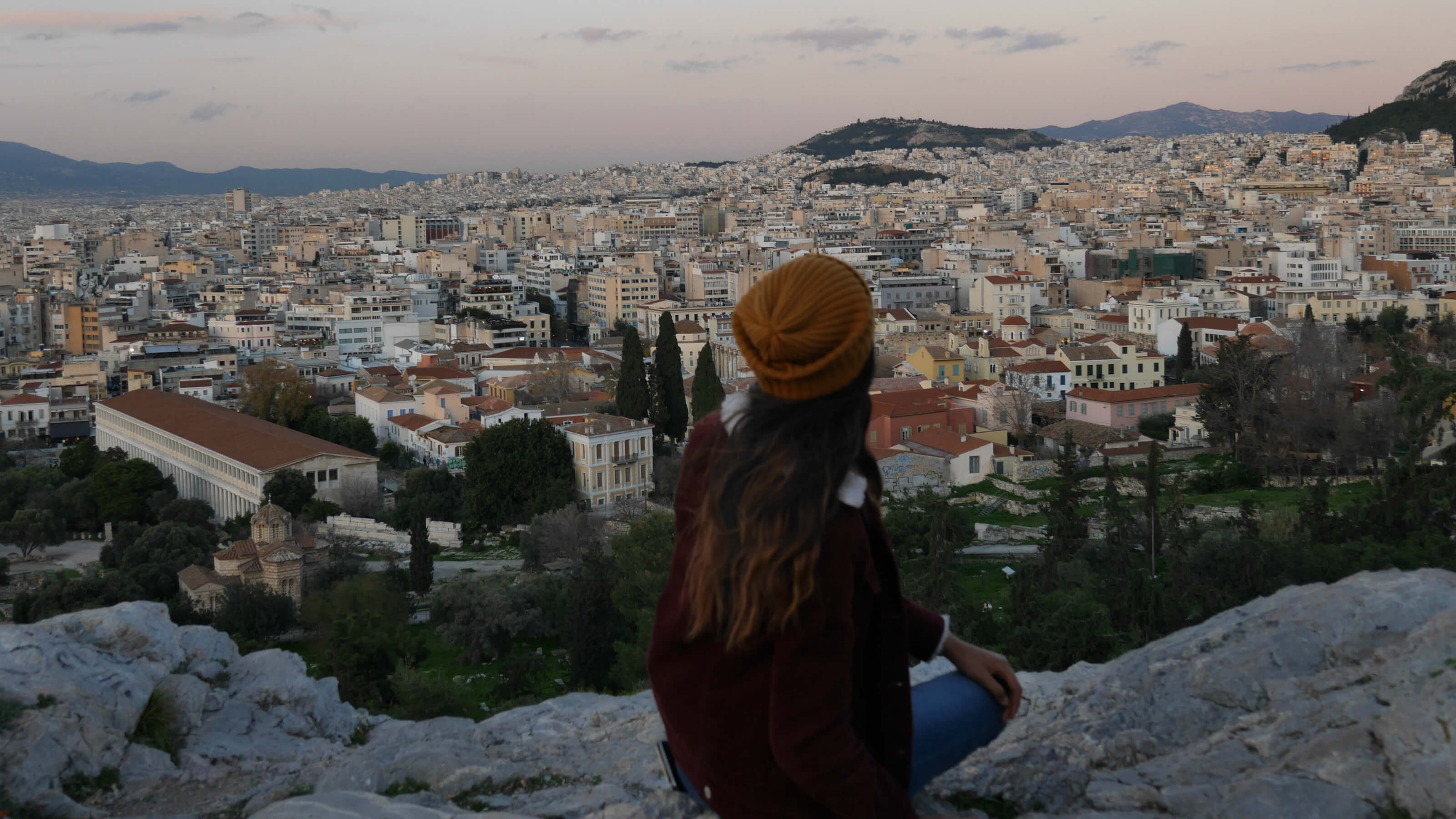Exchange student, Dayanitha Damodaran, watching the sunset atop Mars Hill in Athens, Greece.