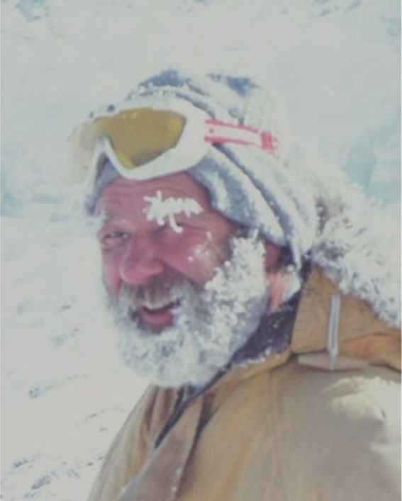 An image of a snow covered Ray Dibble.
