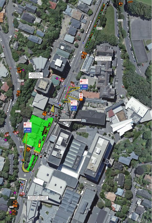 Image of Kelburn Parade with outlined areas indicating where roadworks will impact