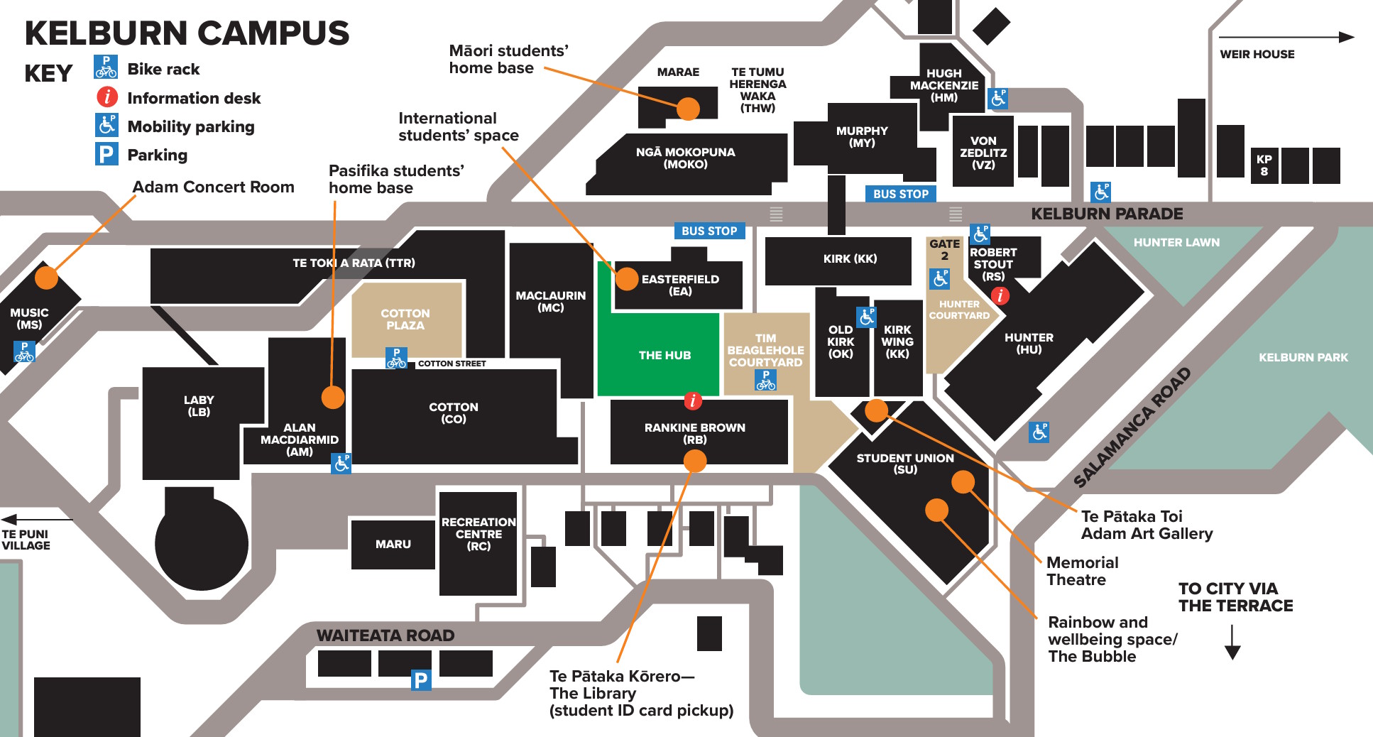 Schematic diagram mapping the location of buildings on the University's Kelburn campus