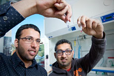 PhD students Shalen Kumar and Omar Alsager look at test tubes