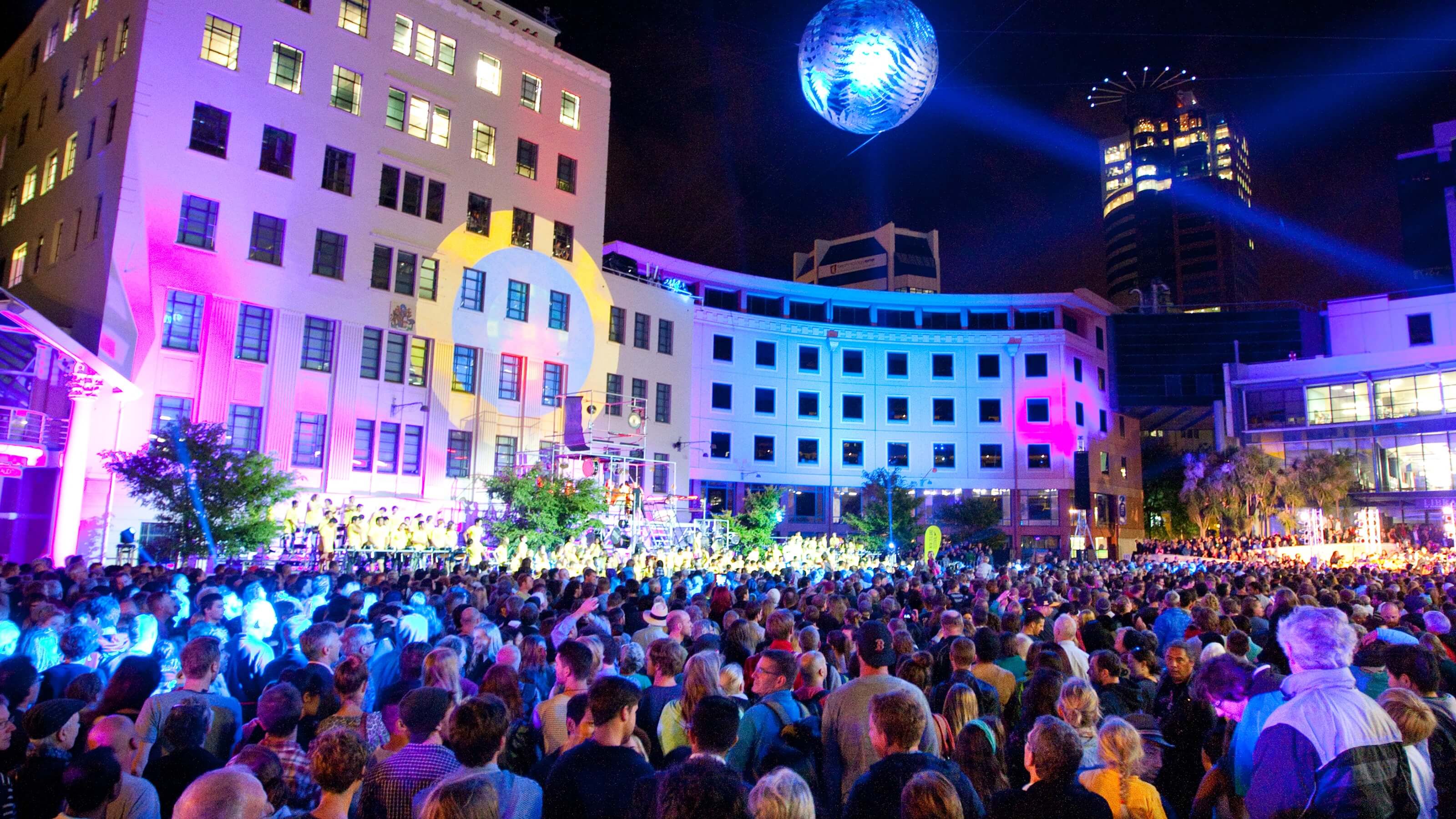Crowd of people in Wellington civic square for lights festival.