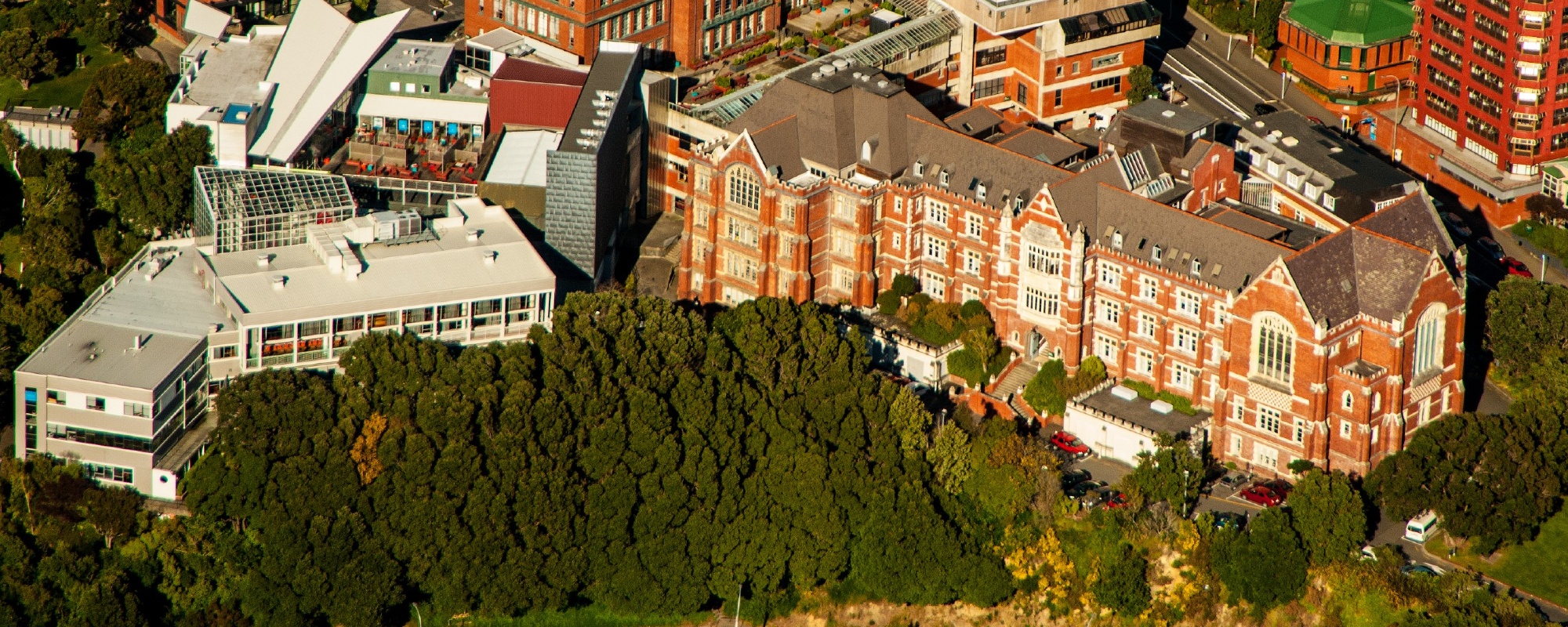 Aerial view of Kelburn campus on sunny day.