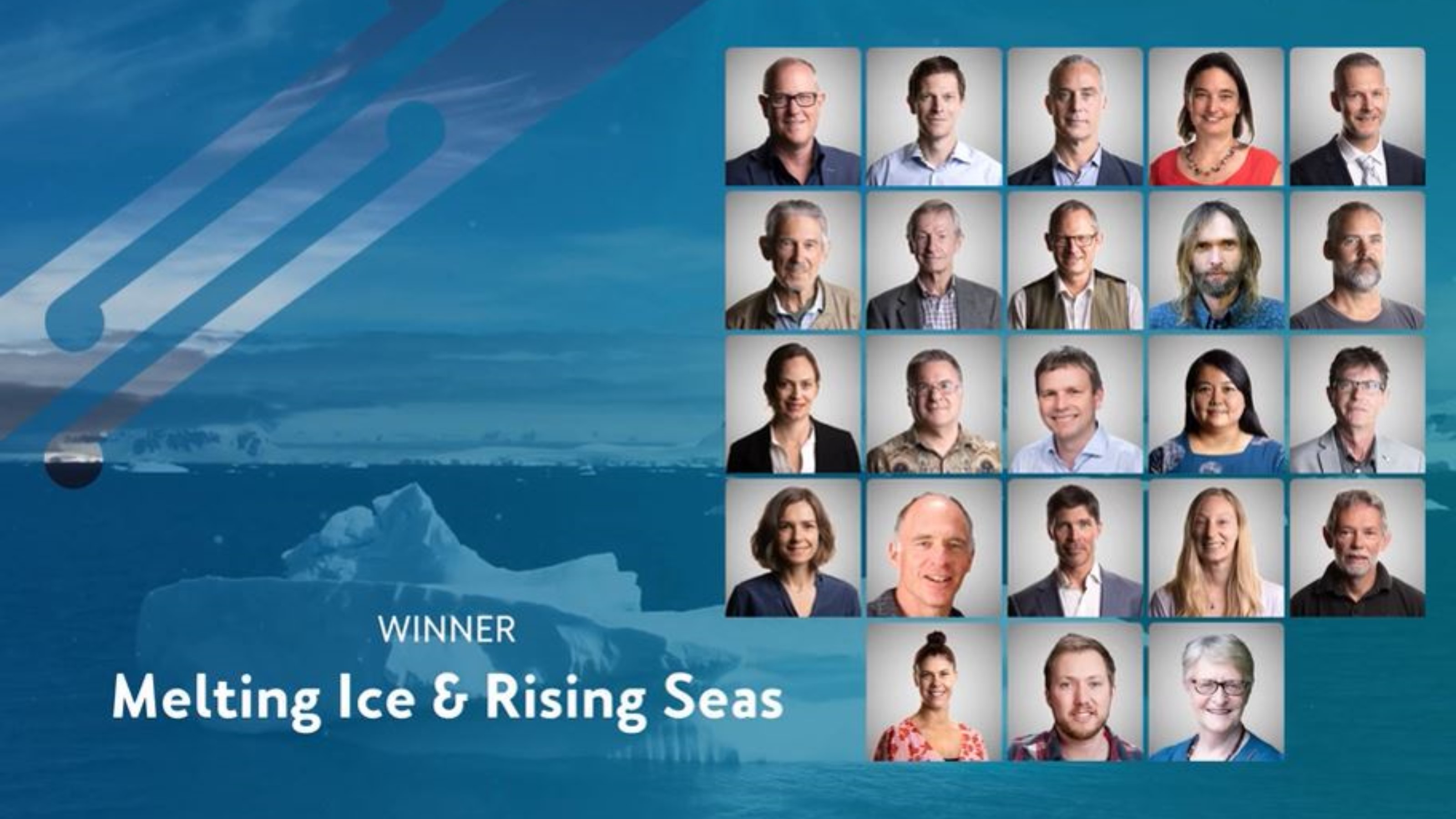 An image of many profile pictures and text that reads, Winner, Melting Ice and Rising Seas.