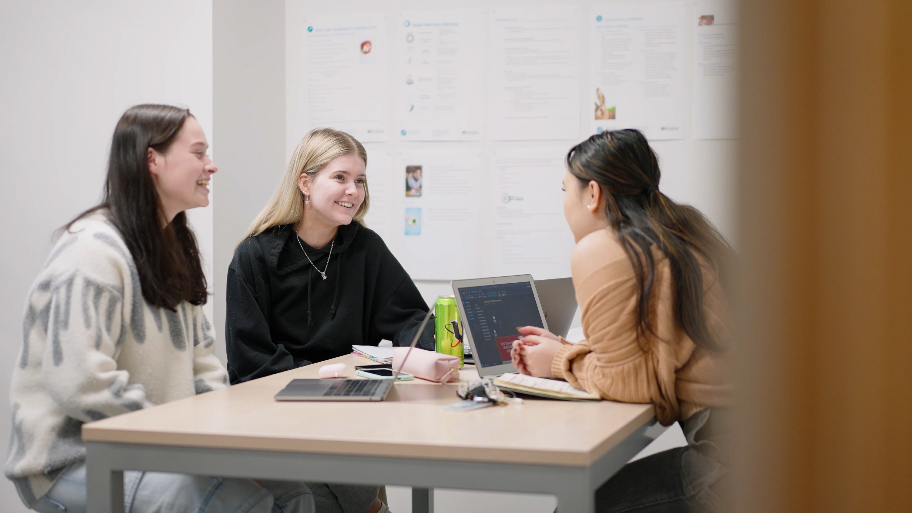 Three students studying together in hall lounge.