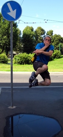 Michele Fontana jumping into puddle