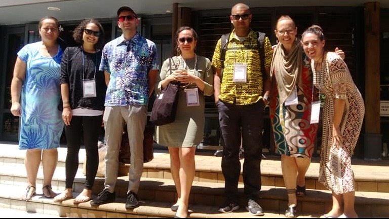 A group of poeple - Left to Right, Samoan Studies lecturer Niusila Faamanatu-Eteuati, Pacific Studies lecturer Emalani Case, PASI PhD candidates Nate Rigler, Emma Powell, Vicky Shandil, Programme Director April Henderson and PASI PhD Candidate Jessica Marinaccio.