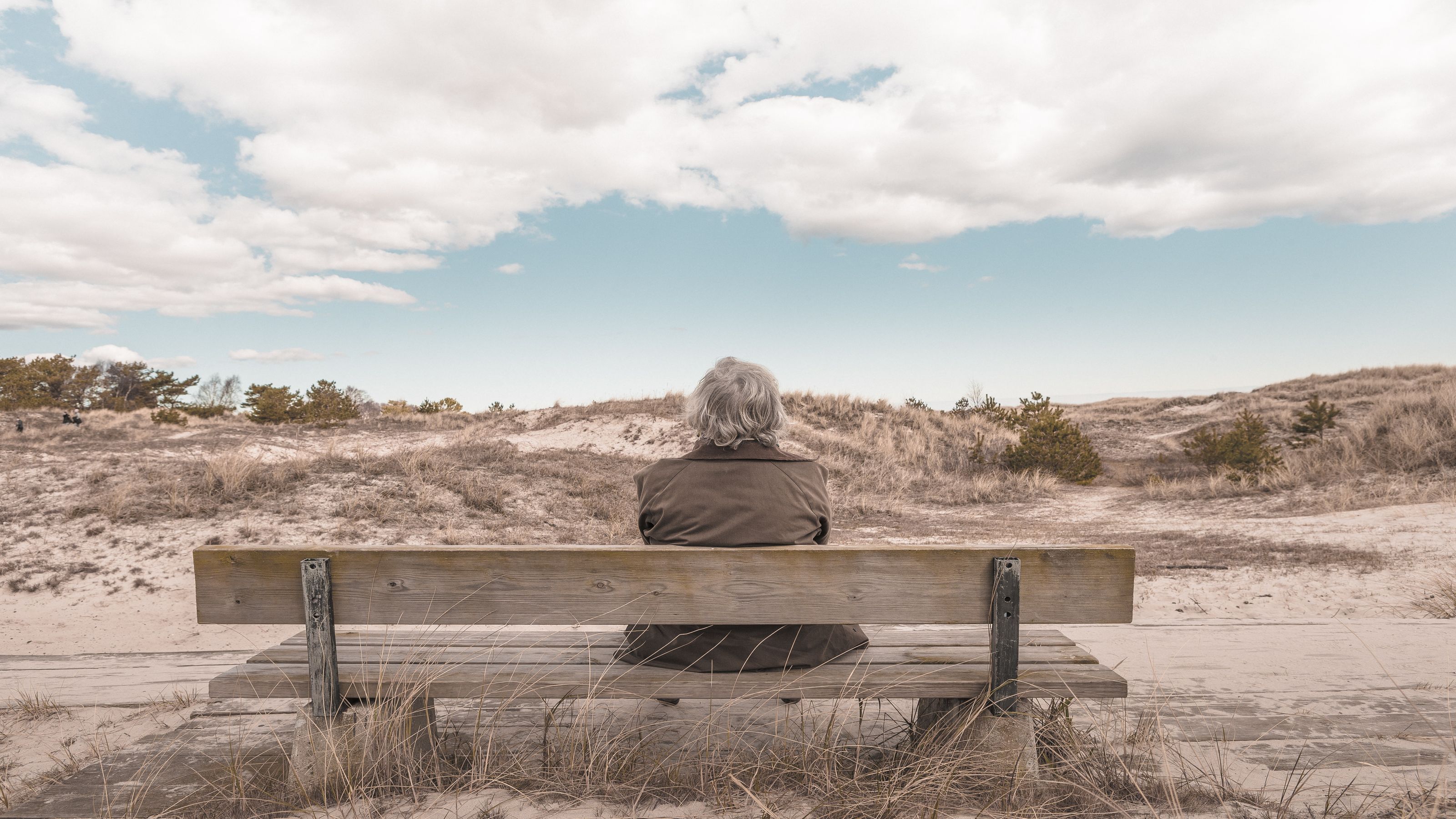 A man sits on a bench looking out over gently rolling hills.