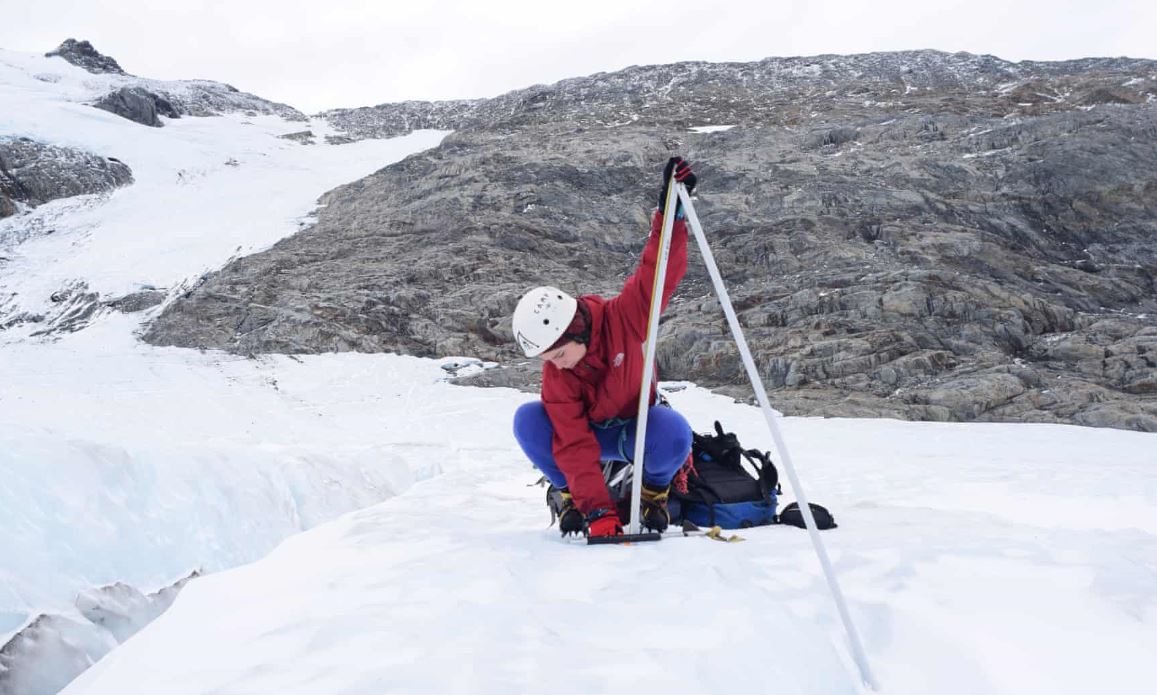 Dr Lauren Vargo conducting research on New Zealand glaciers. Photograph: Brian Anderson.