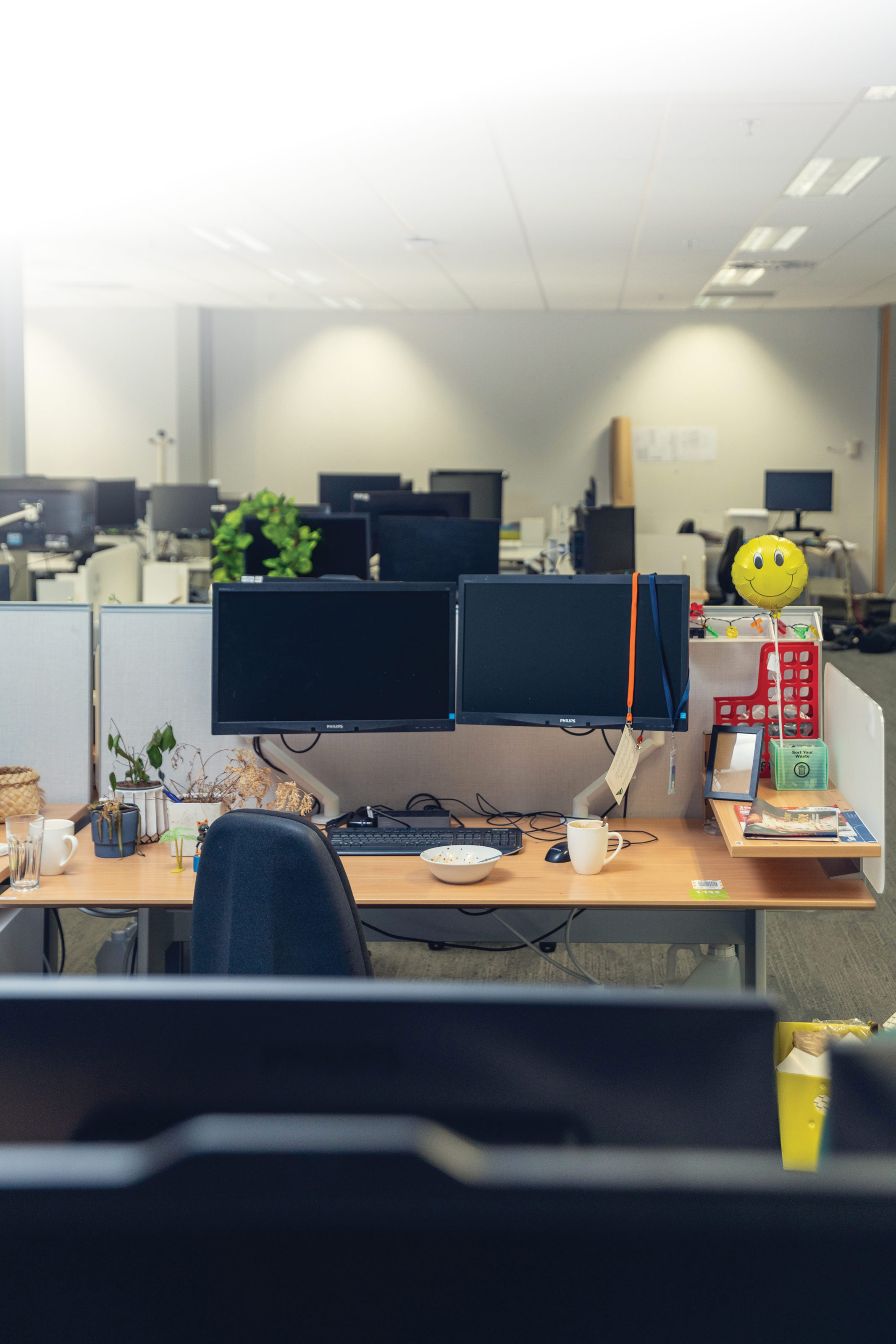 An abandoned workstation in an open plan office with several plants and cups to the left of two screens, keyboard and mouse. A used bowl next to a mug and a shelf to the right with a smiling balloon.