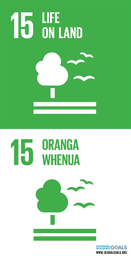 A green and white graphic logo of a tree and birds in flight for the UN SDG 15: life on land - in both English and te reo Maori