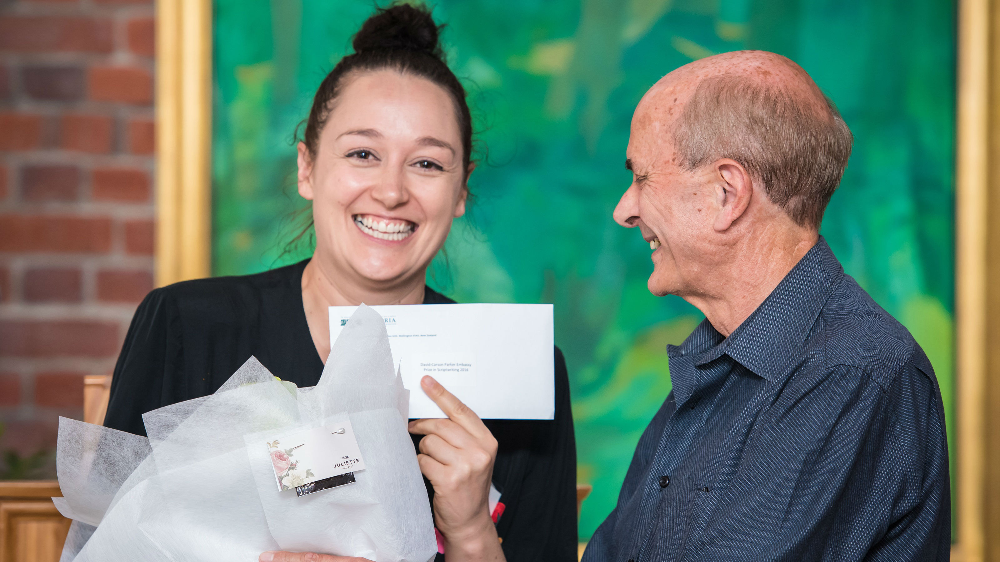 Anya Tate-Manning - winner of the 2016 David Carson Parker Embassy Prize in Scriptwriting - pictured with Roger Robinson 