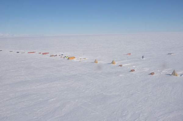WISSARD field camp. The camp is laid our orthogonal to the prevailing wind direction to prevent drifting snow burying tents and equipment c. Matthew Seigfried 2011-2012