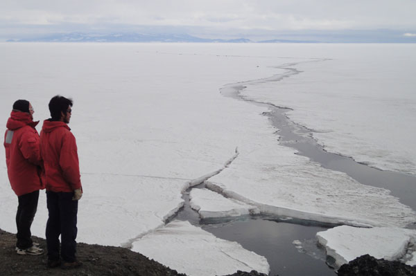 Late summer sea ice near the coast of McMurdo Station. Cracks develop in the sea ice and lead to seasonal break up c. Rory Hart 2011-2012 