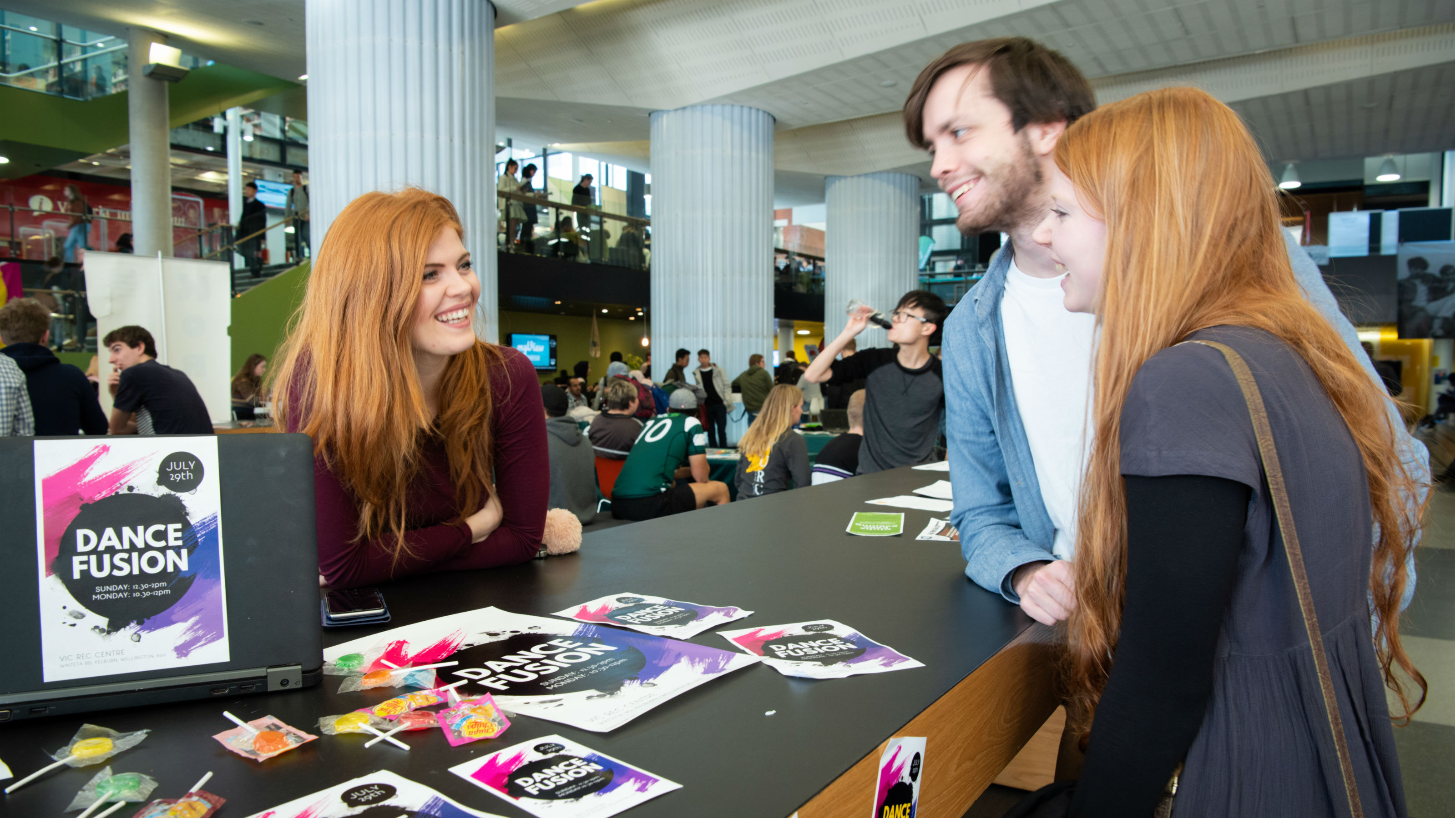 Photograph of the Dance Fusion club information table in the Kelburn campus Hub