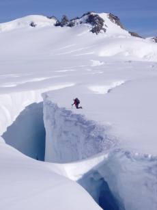 Measuring snow depth down cravsses, Franz Josef Glacier