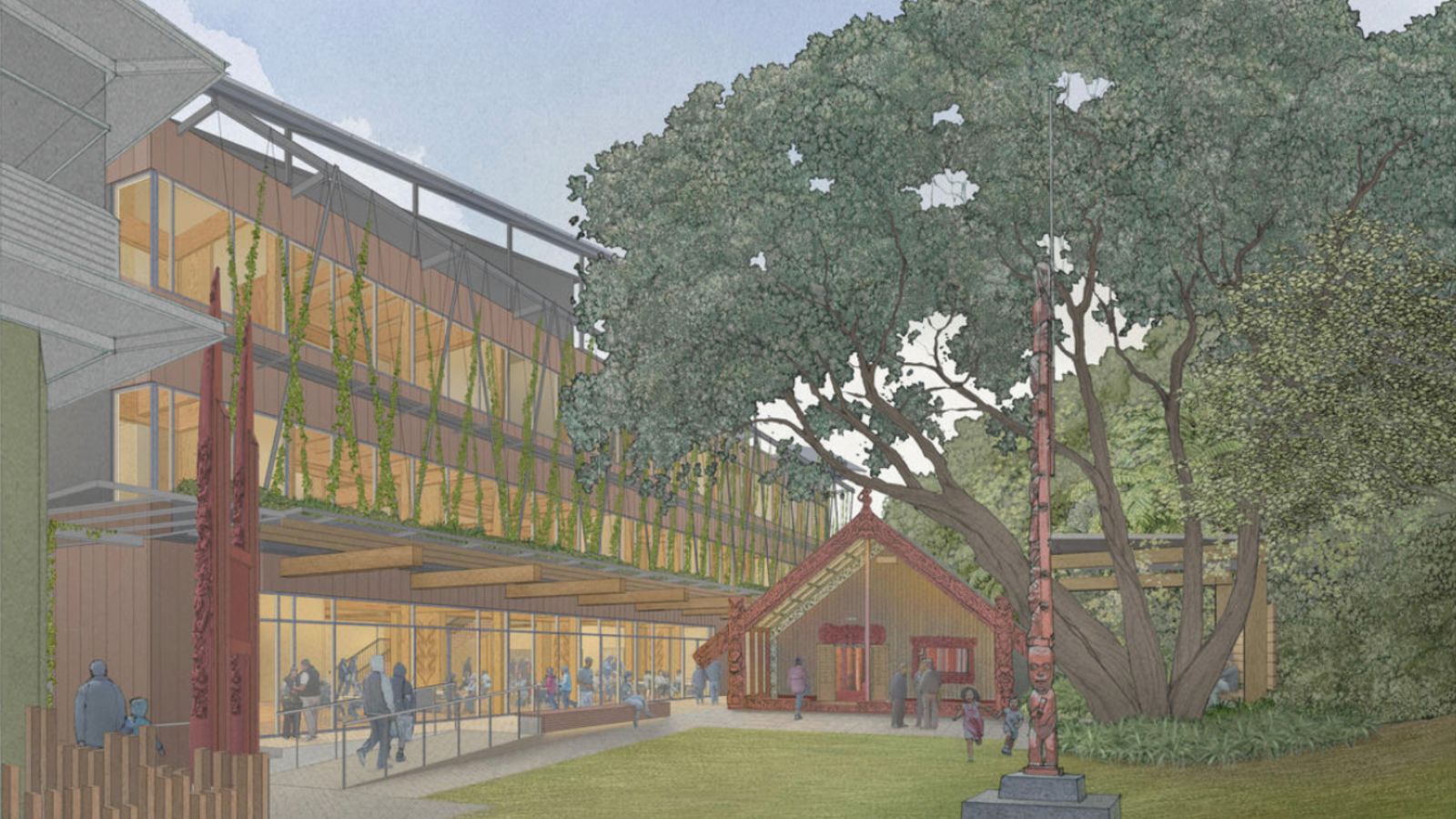 A sketch of the Living Pa, with a tree in the right foreground.