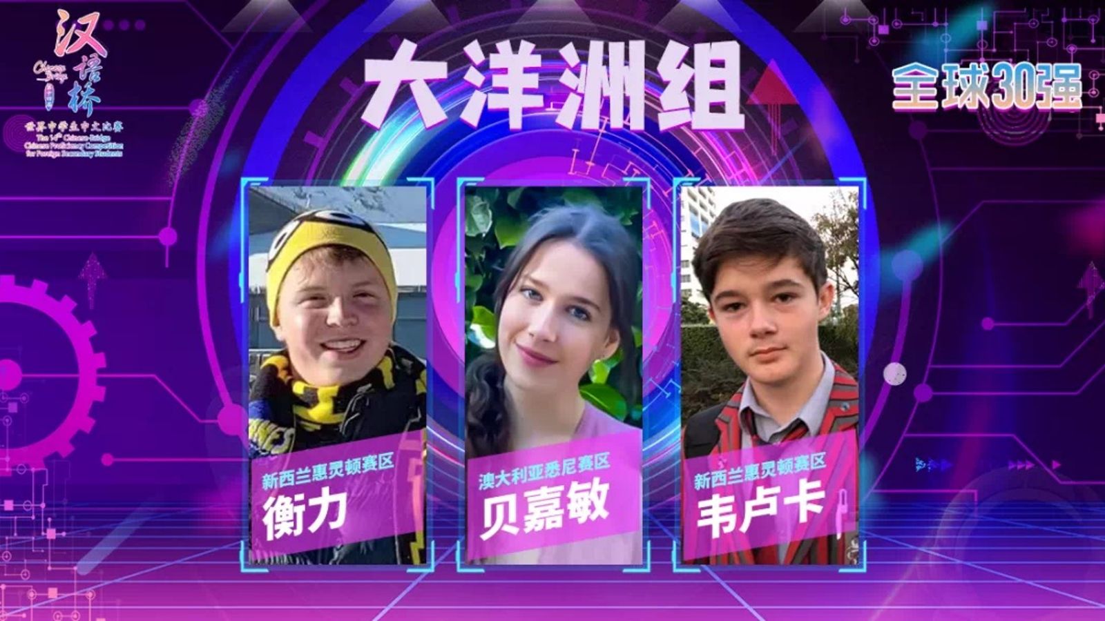 Screen with three teenagers surrounded by Chinese-language characters
