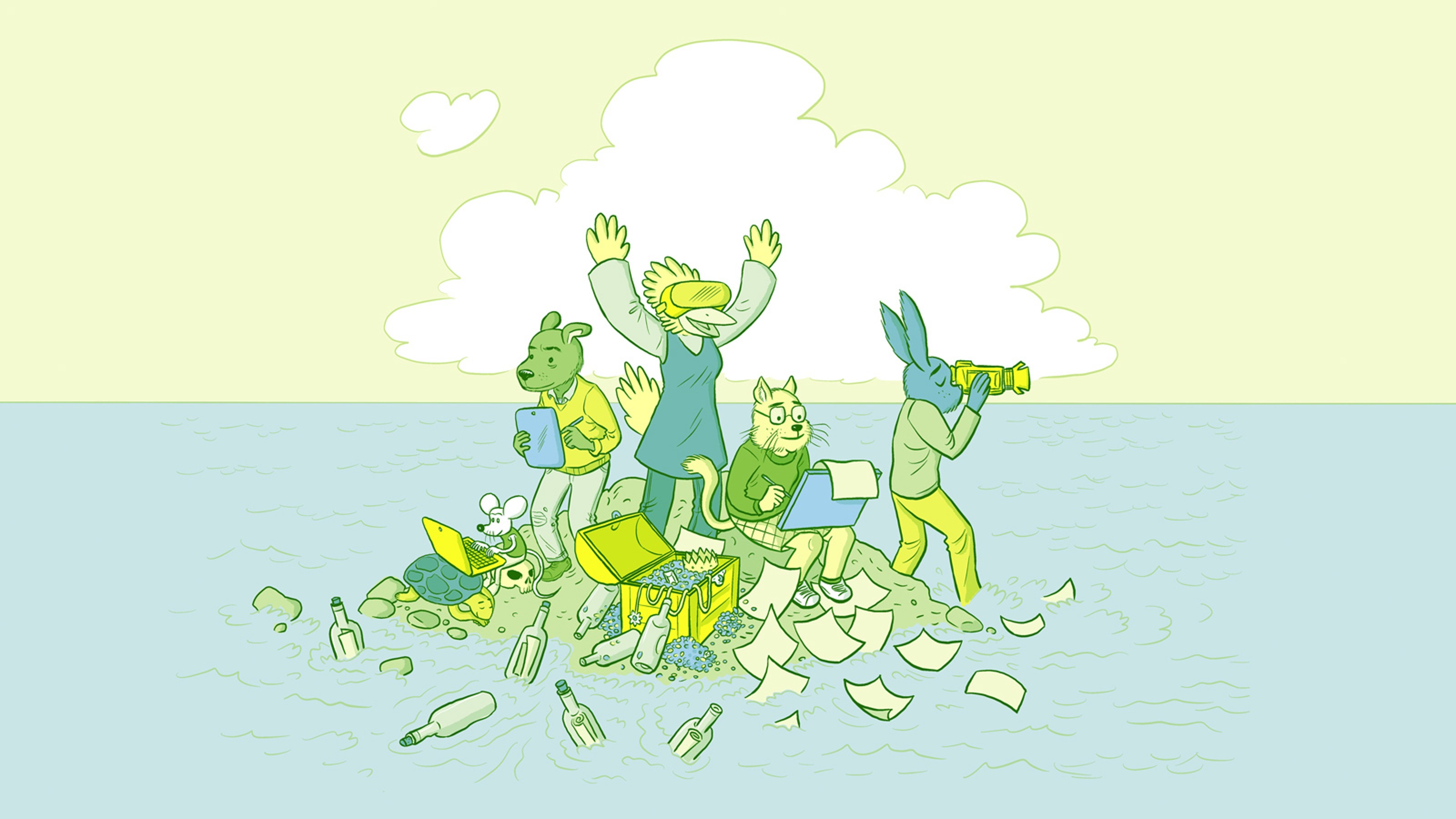 Four cartoon animals on a tiny island, writing notes and looking through VR headsets.