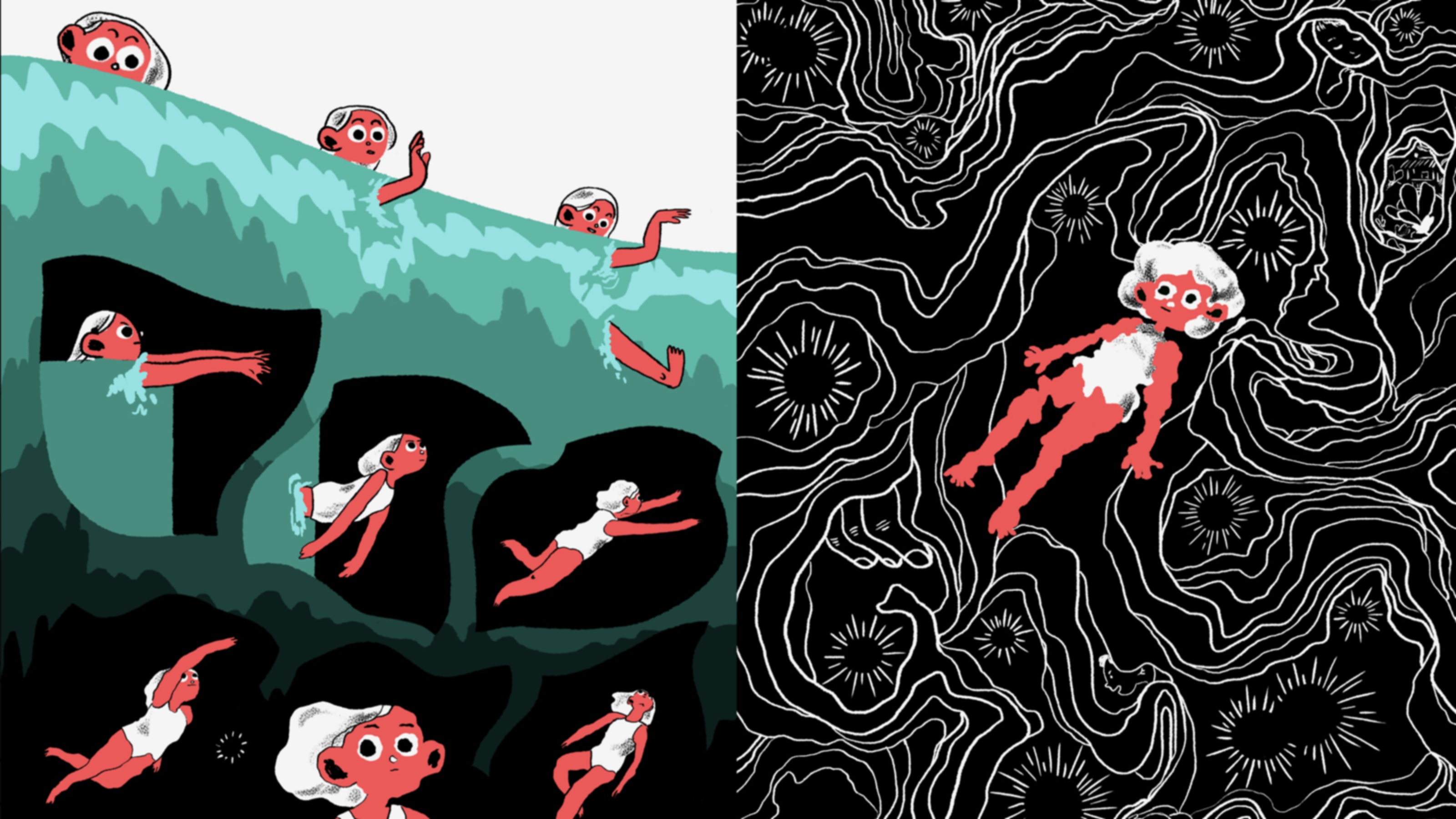 Multiple phone screens showing yellow, white and black illustrated mockups of a payment app.