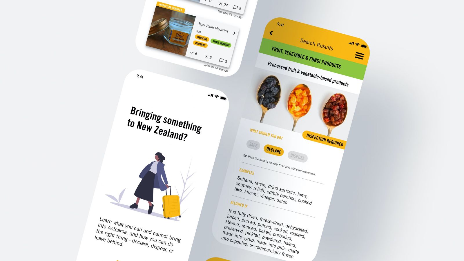Screen mockups of Te Takoha biosecurity app saying 