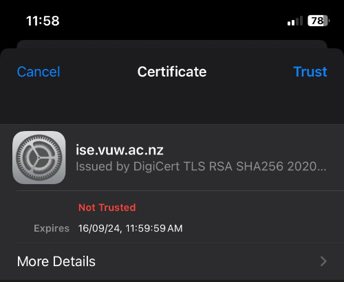 Certificate screen of Apple iphone showing options