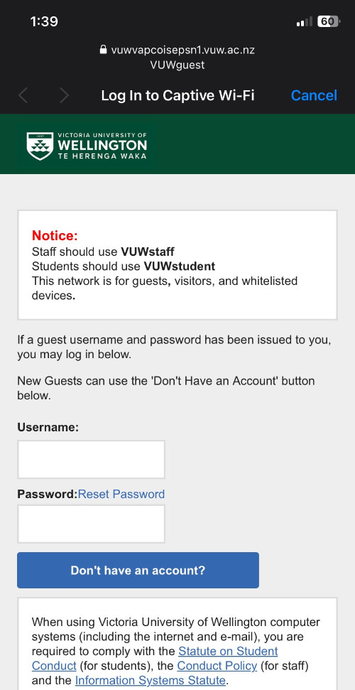  Web portal on VUWGuest network