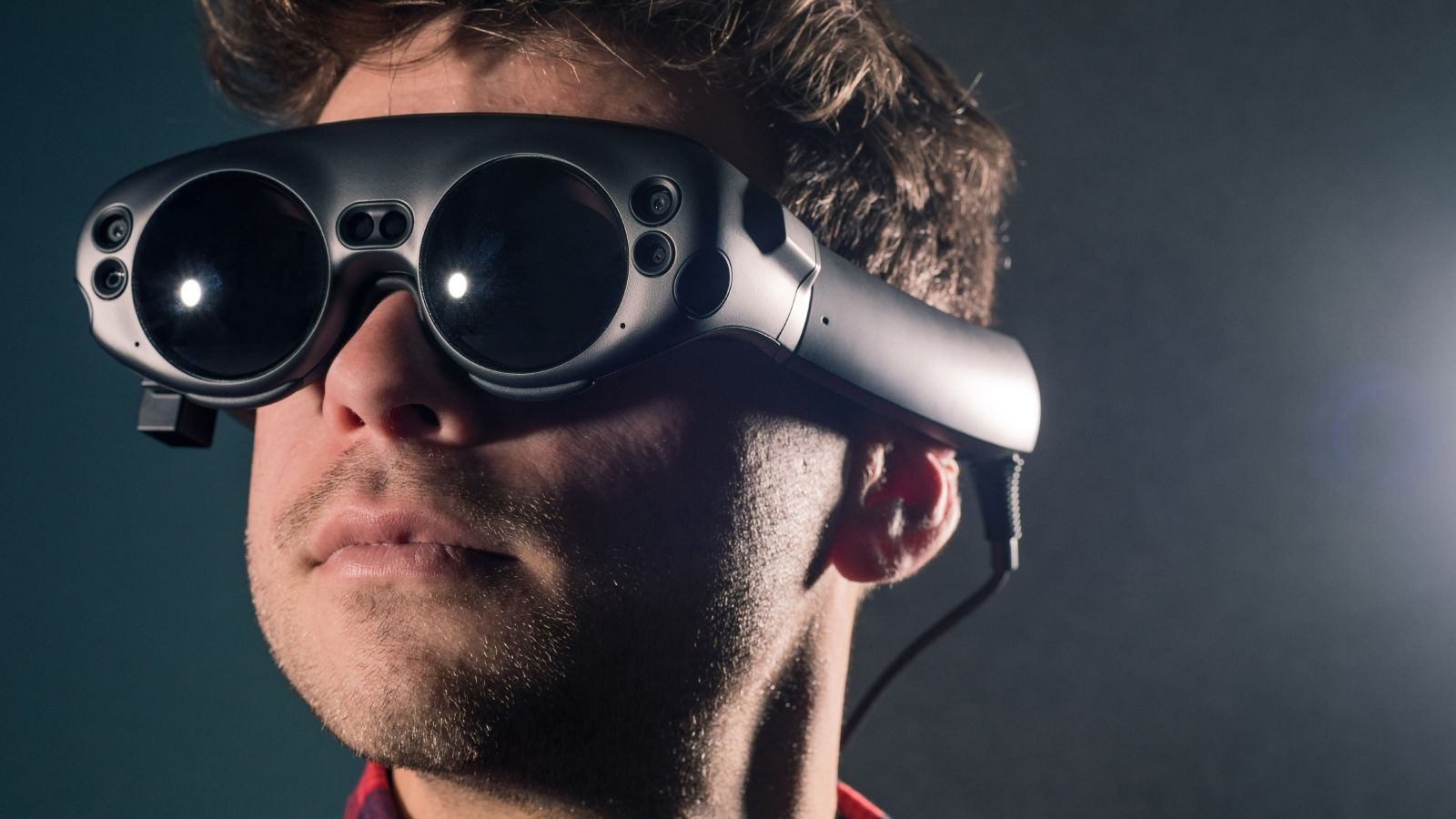 Close up of man wearing VR headset