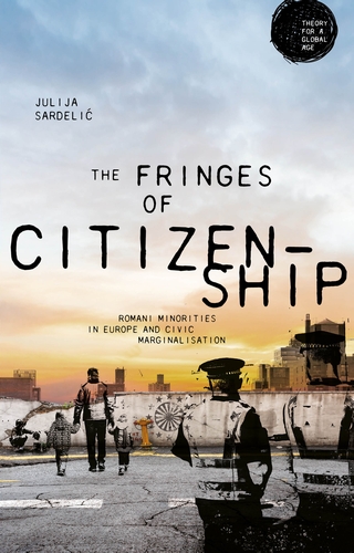 The book cover for Julija Sardelic's book titled The Fringes of Citizenship portraying two officers watching an adult cross a street with children, the people are painted in a stenciled spray paint style.