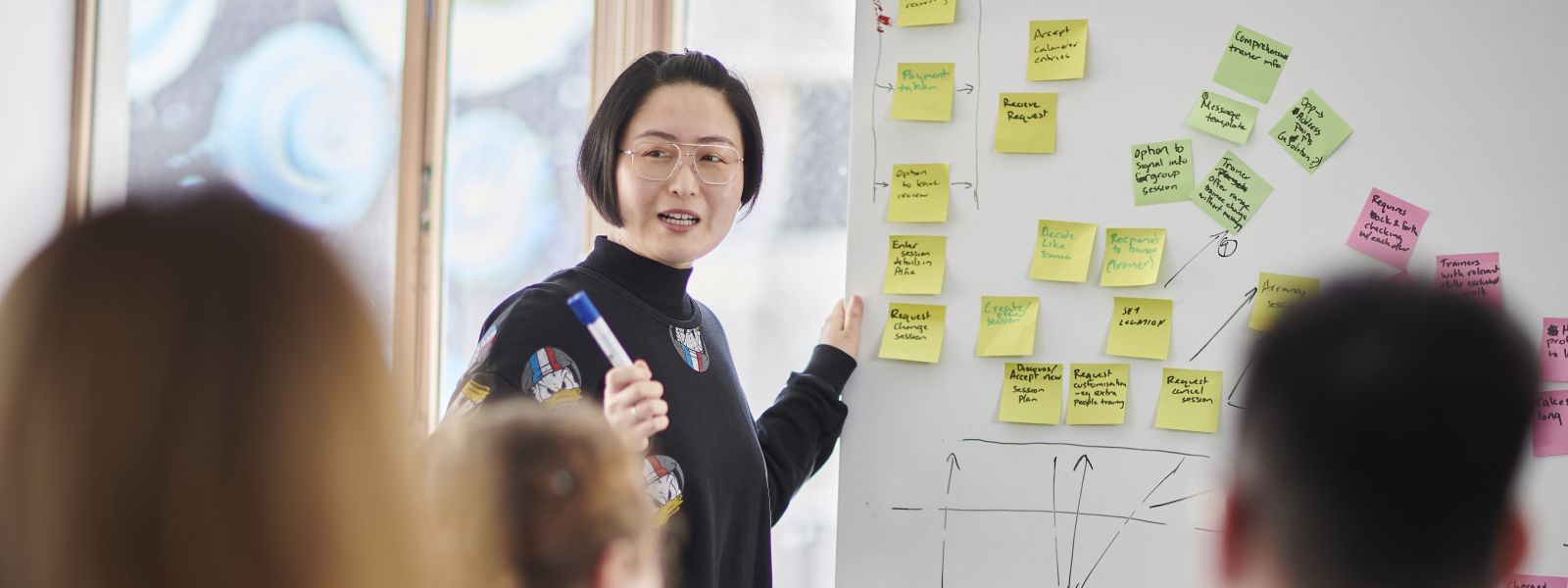 A woman stands beside a white board with coloured post-it notes on it. She is speaking to a group of people who are in the foreground.