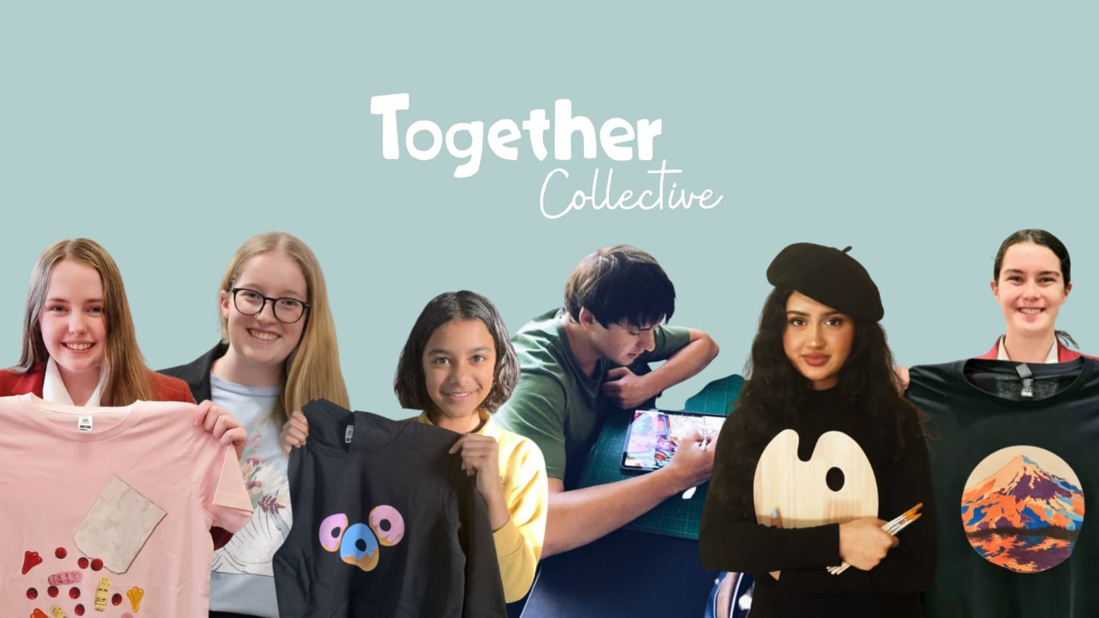 Together Collective Five young people in the photo posing with t-shirt which are animated.
