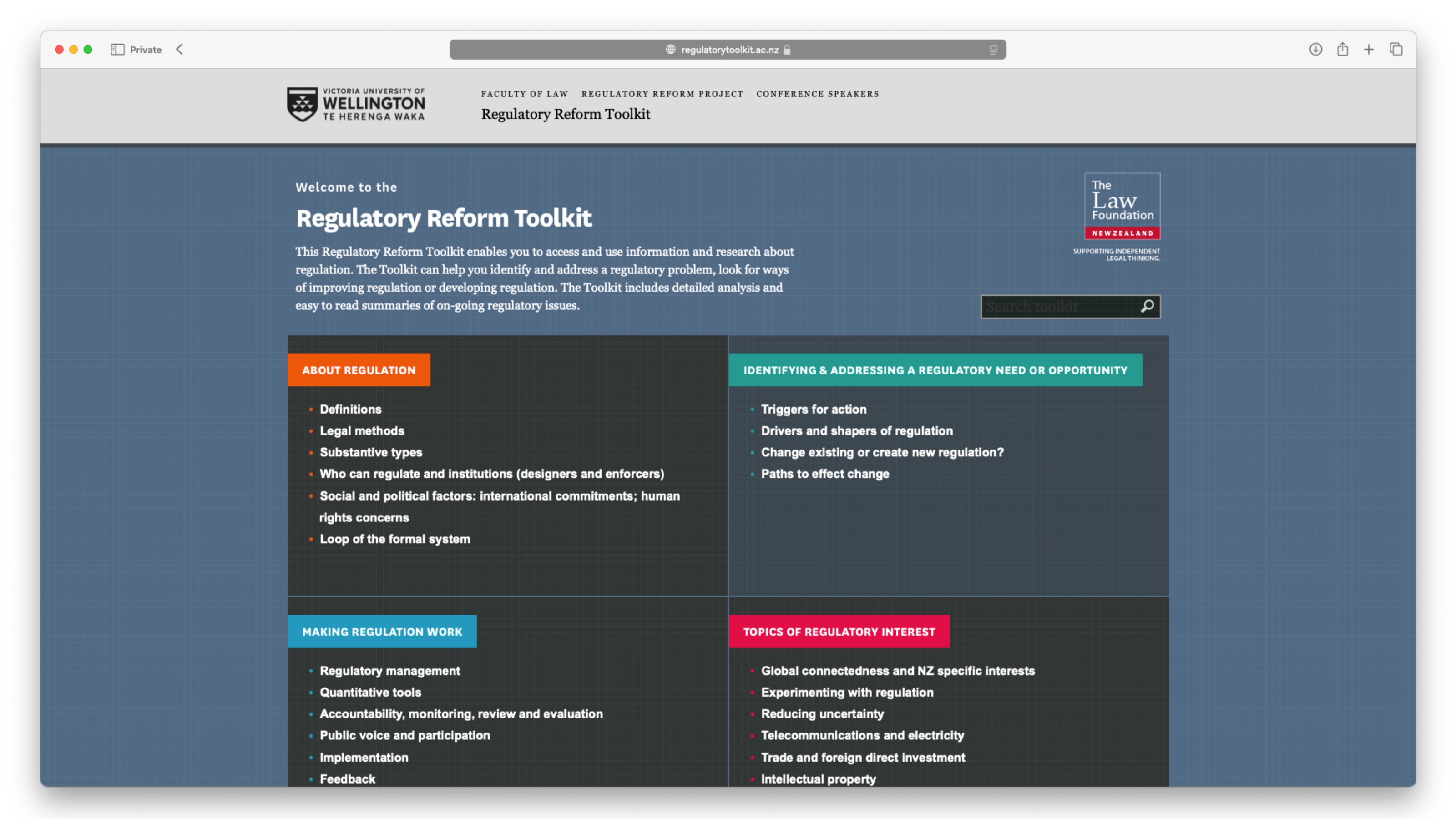A screenshot of The Law Foundation's regulatory toolkit website