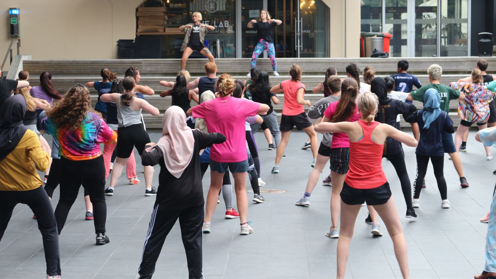 outdoor group exercise Zumba class demonstration event