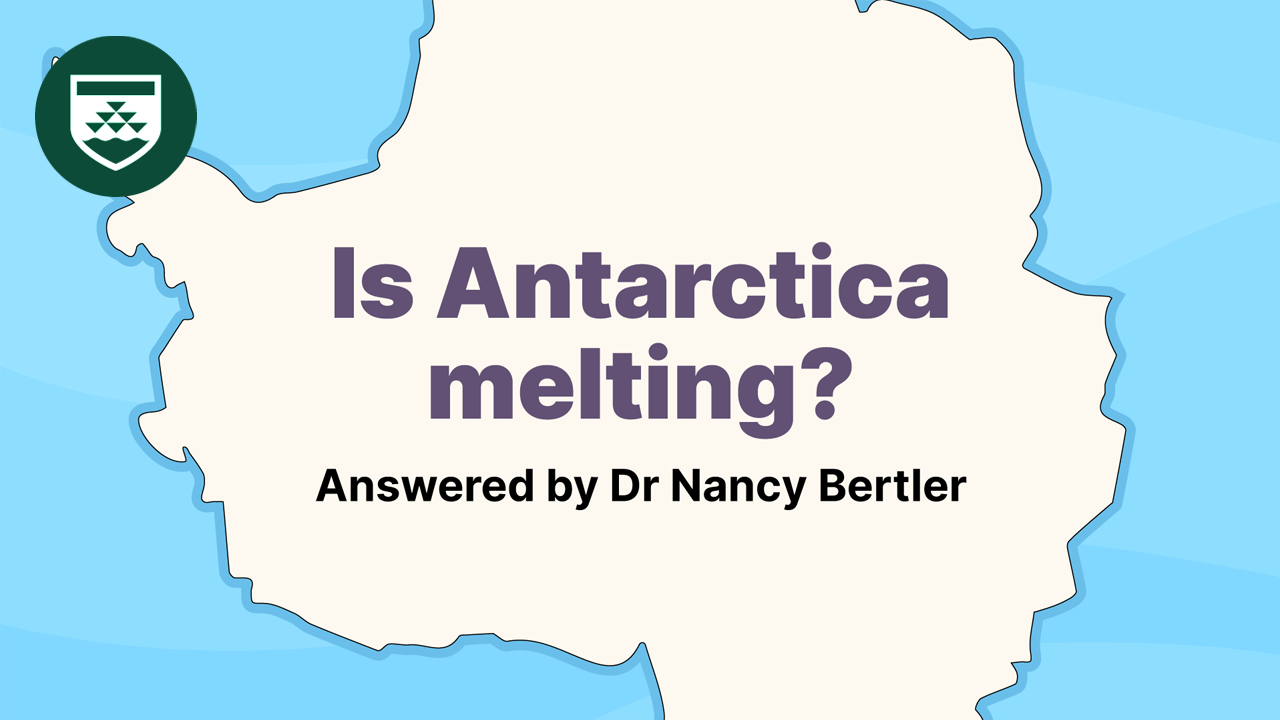 An illustrated map of Antarctica with text that says