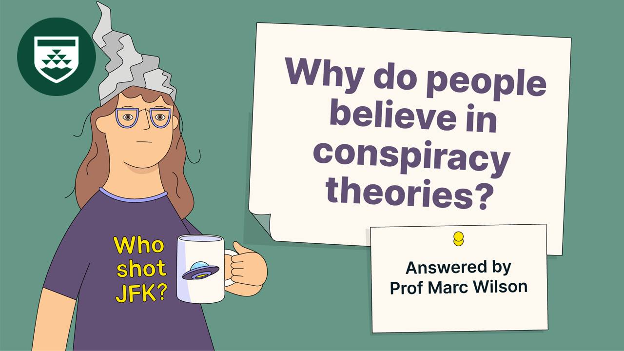 An illustrated image of a woman wearing a tinfoil hat holding a mug with a picture of a UFO on it. Text across the image reads