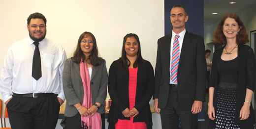 ISACA award winners Rhys McIlwaine, Indrani Roy, and Stephanie Isaac, with ISACA Branch President Vaughan Harrison and INFO 301 coordinator Dr Jocelyn Cranefield