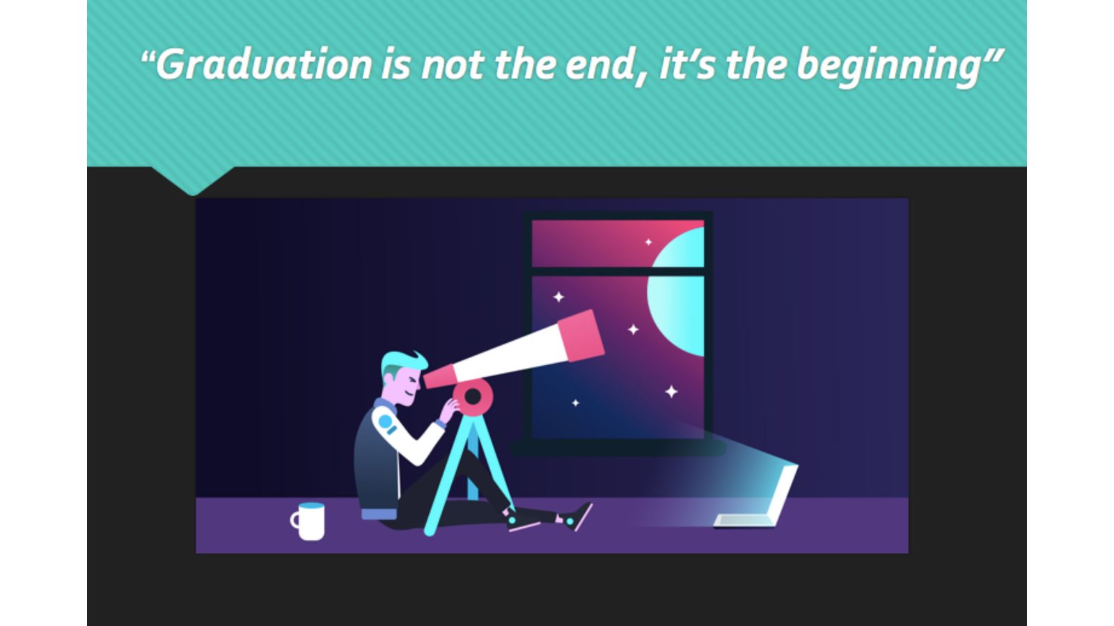 A cartoon with a person looking through a telescope at the stars. The caption reads