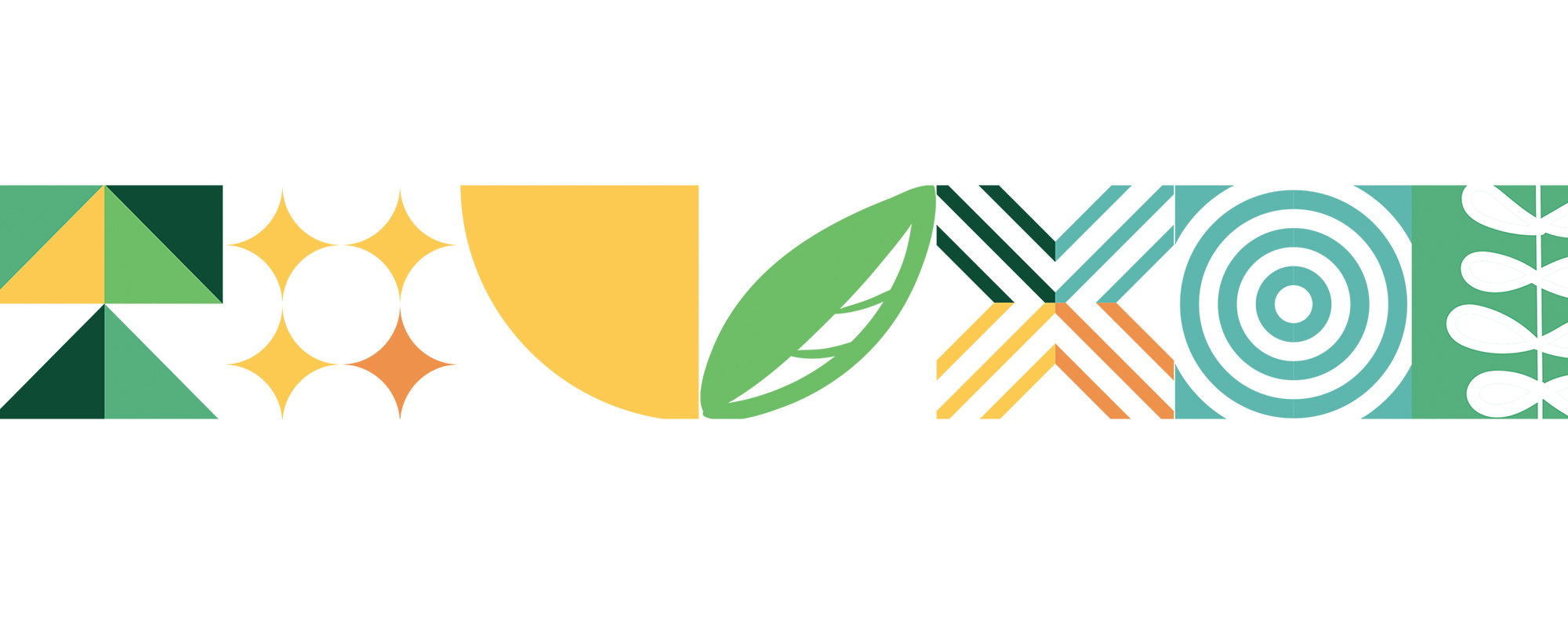 A collection of colourful abstract icons in green, yellow, orange and teal.