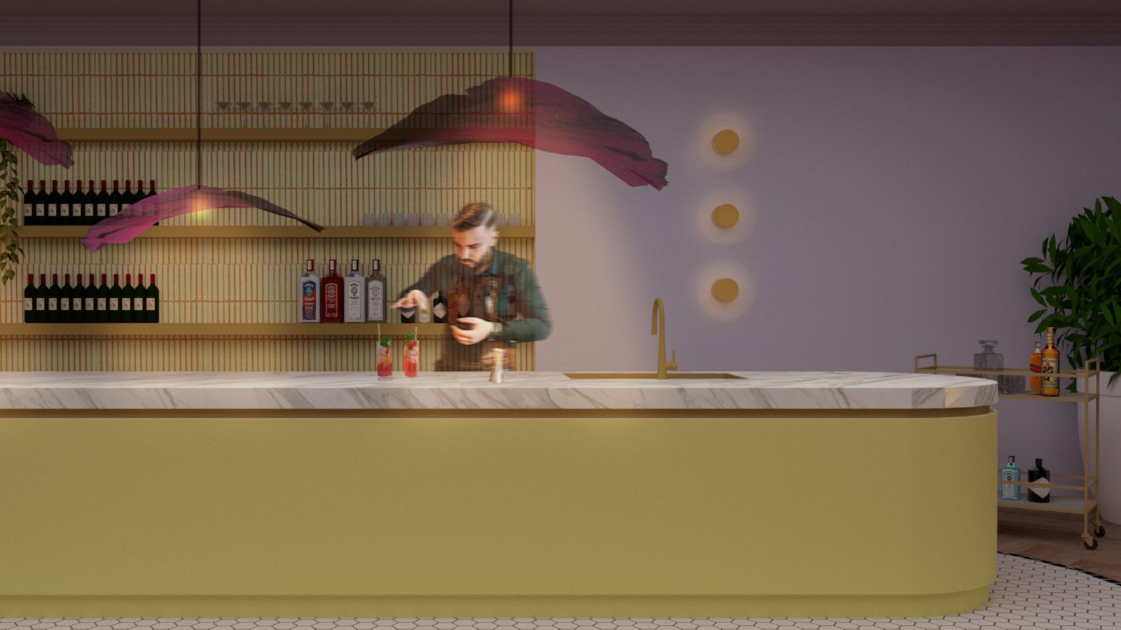 jessica-wylie-dulux-award-1.jpeg A man mixes a cocktail behind a modern bar.