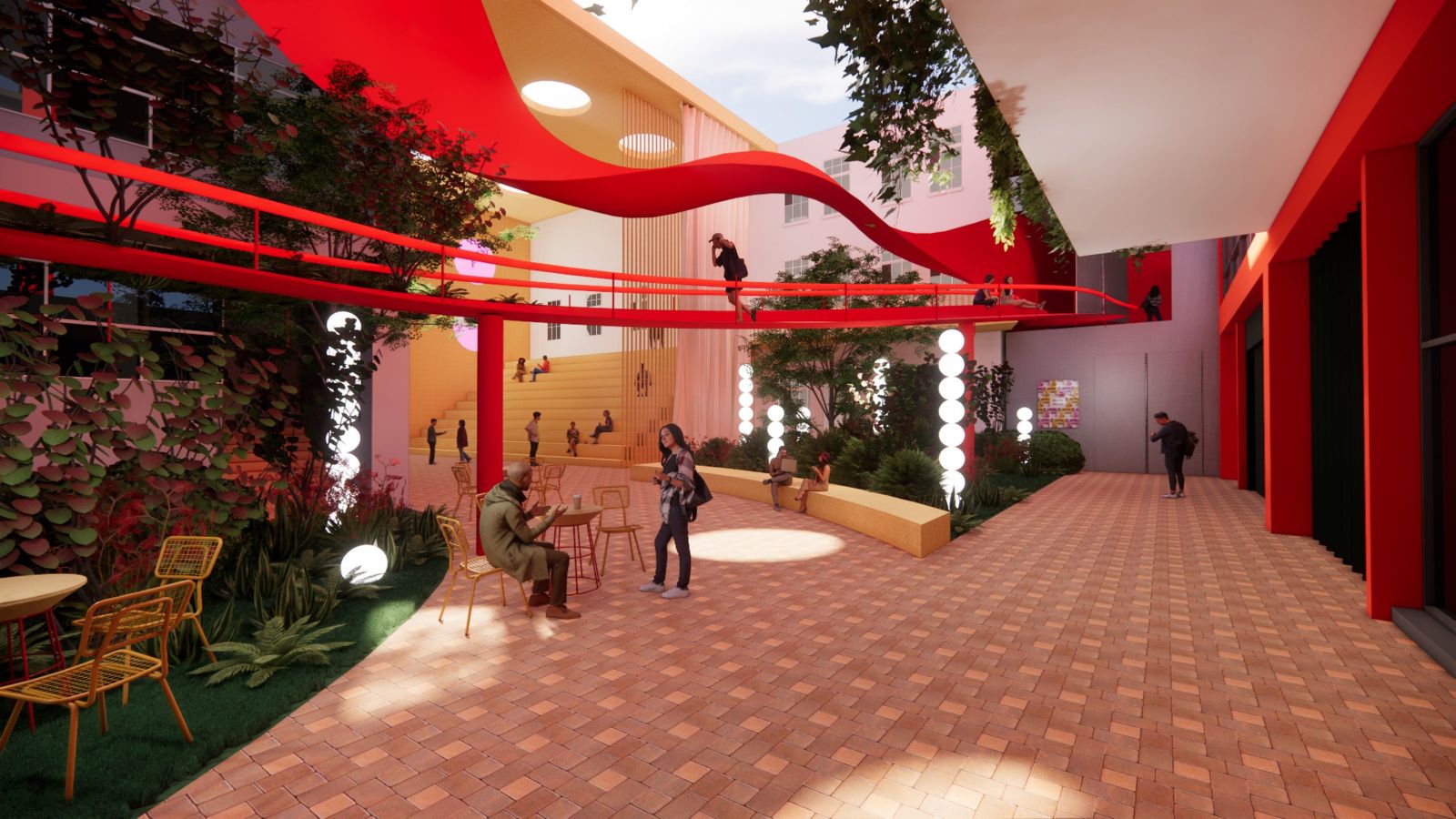 jessica-micallef-the-breezeway-render A view of an elevated walkway through a building with people walking along and under it.