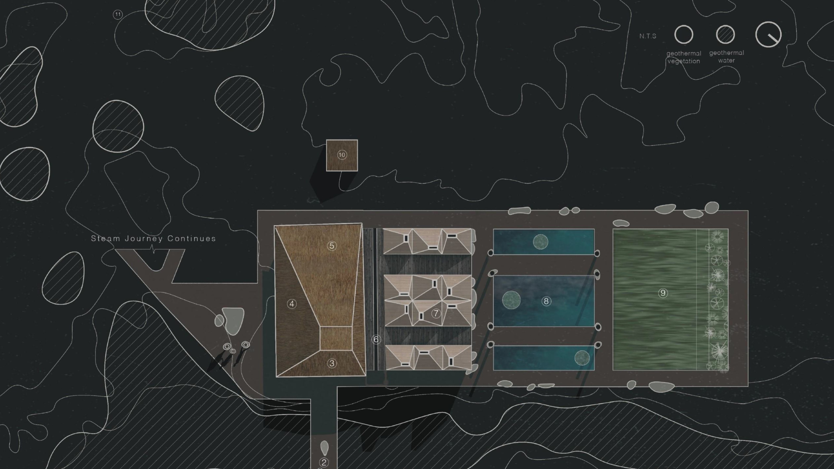 Screenshot of aerial view looking down on schematic diagram of village