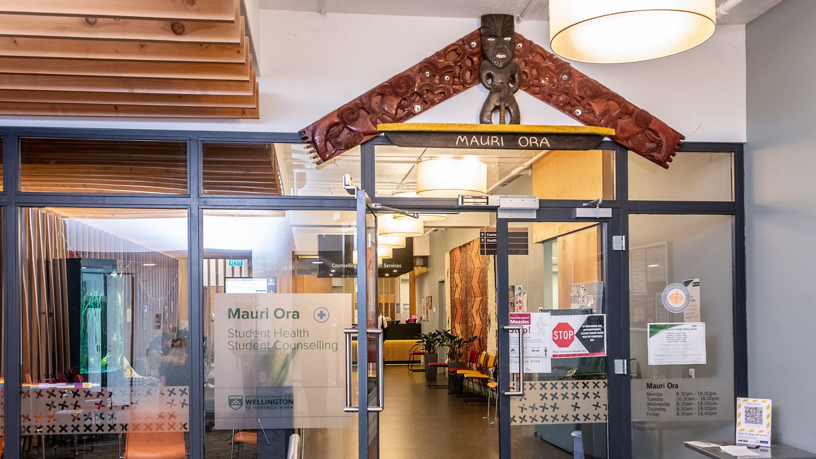 Glass front entrance of Mauri Ora Student Health office